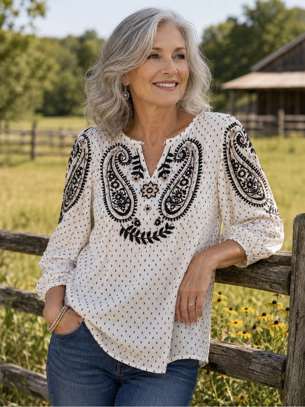 Fat Face Embroidered White Paisley Peasant Top